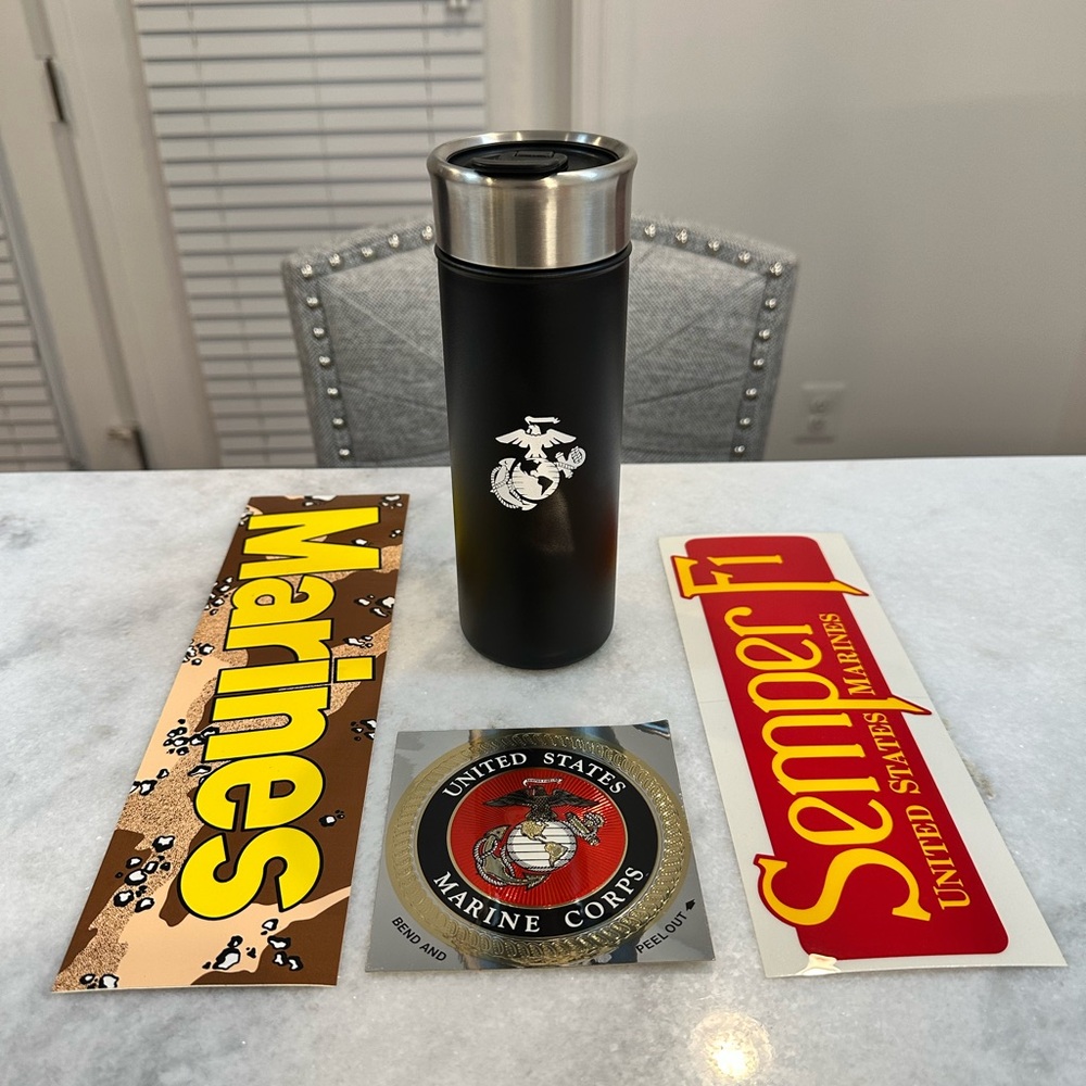 USMC Black Tumbler with Marine Corps Logo & 3 Vintage Marine Corps Stickers